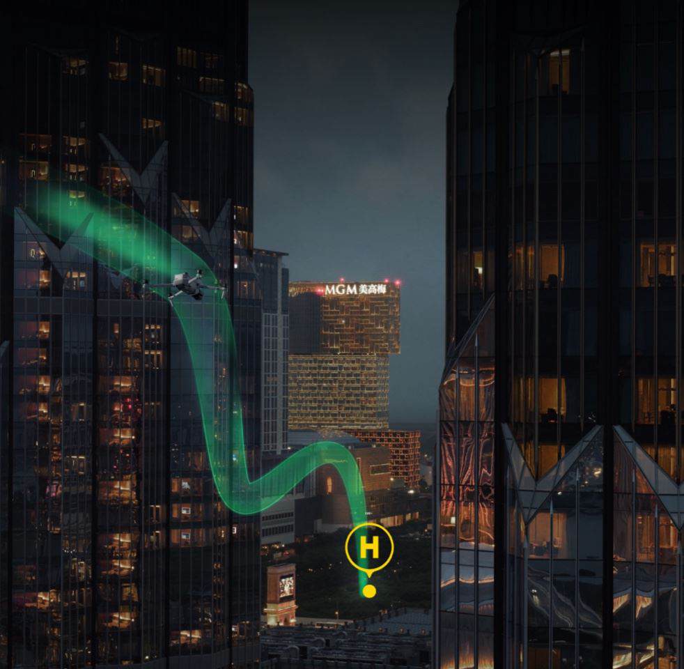 Mit nach vorne gerichtetem LiDAR kann die DJI Air 3S Hindernisse wie Hochhäuser erkennen Mit nach vorne gerichtetem LiDAR kann die DJI Air 3S Hindernisse wie Hochhäuser erkennen